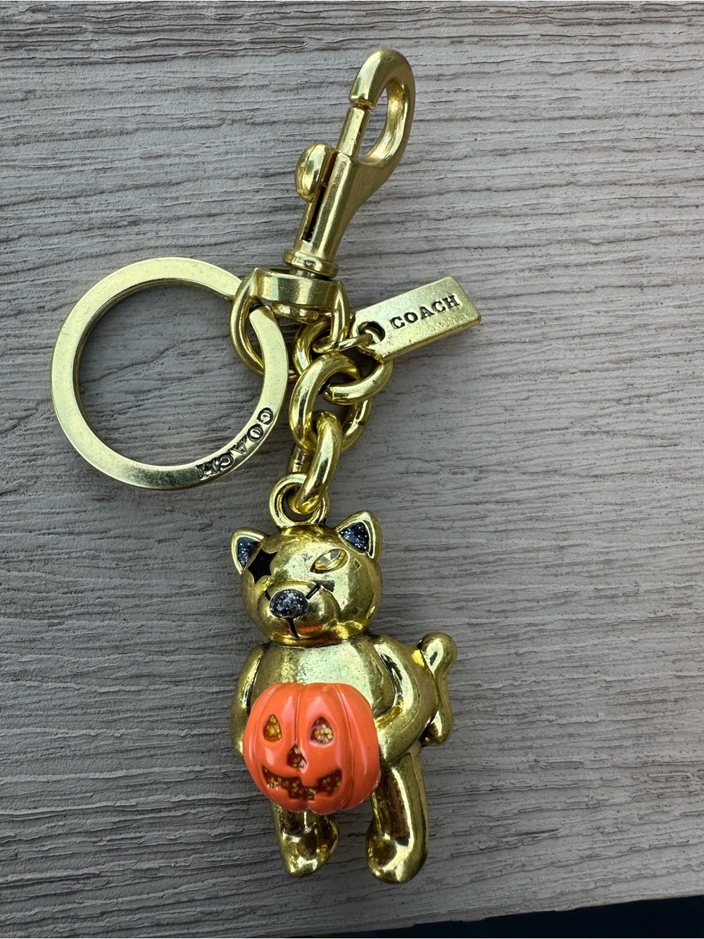 Coach Gold Cat Keychain with Orange Pumpkin Charm